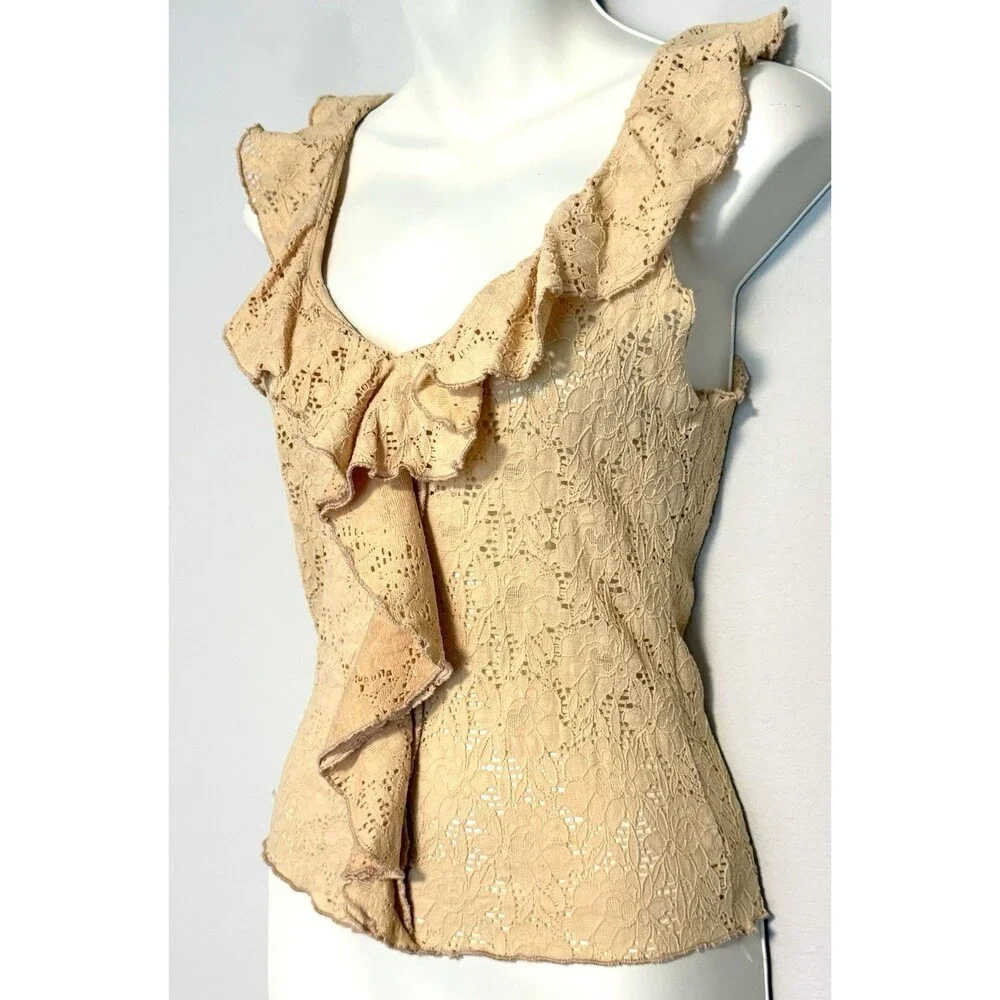 Vintage Y2K Identity Eyelet Lace Ruffle Front Tank Sz L Sleeveless Stretch 90s